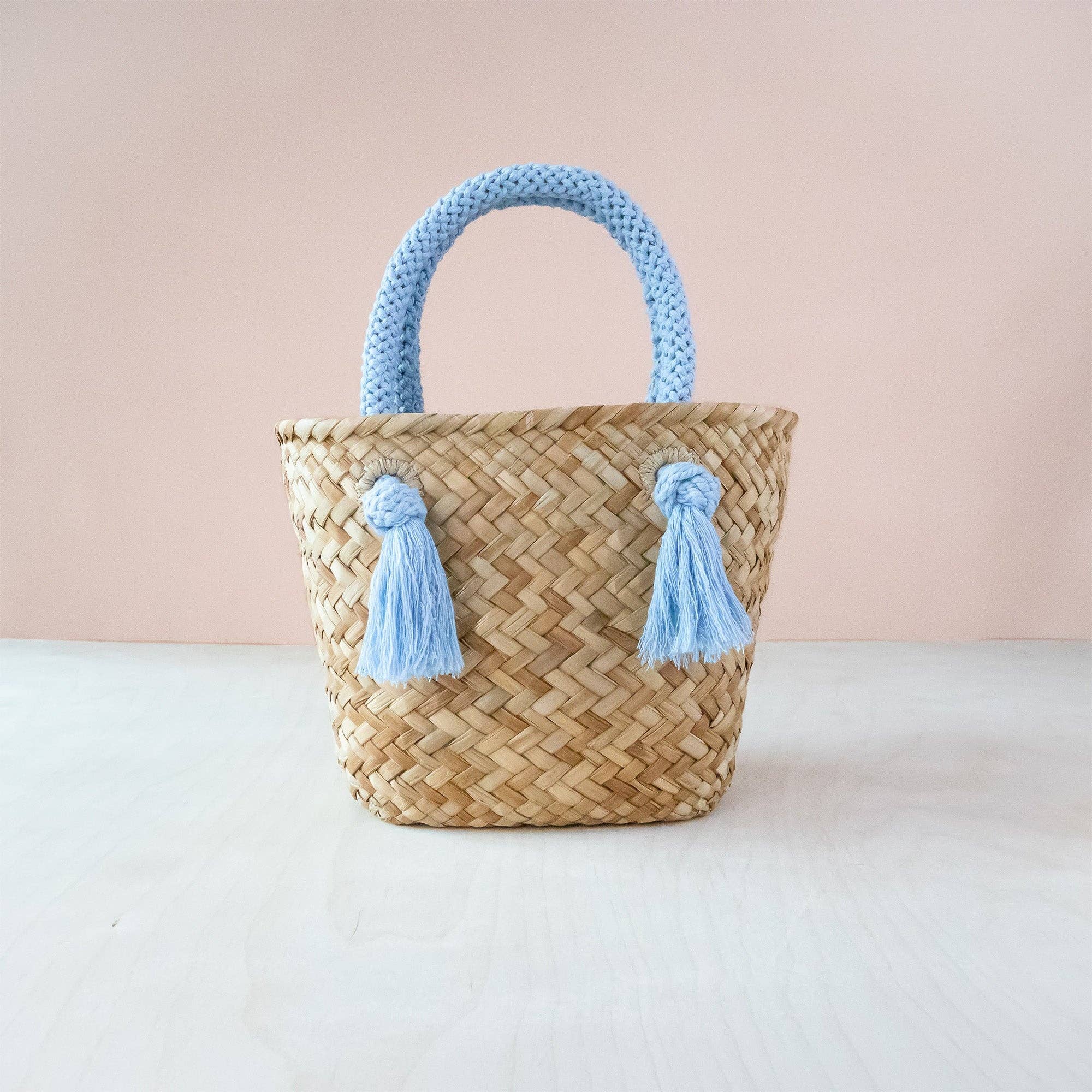 Powder Blue Small Seagrass Tote Bag with Wrapped Handles - Market Tote
