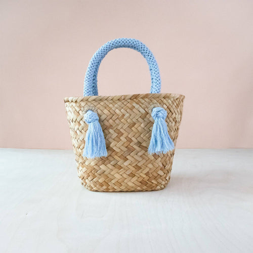 Powder Blue Small Seagrass Tote Bag with Wrapped Handles - Market Tote