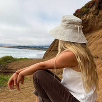 Linen Wide Brim Sun Hat with Tie - Beige
