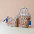 Mini Woven Tote Bag with Embroidered Bonjour – Handwoven Beach Tote